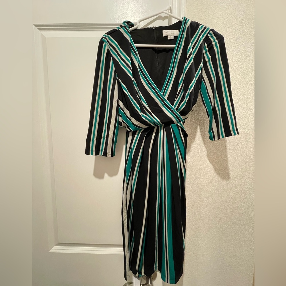 Black & green stripe dress with tie belt, size M
